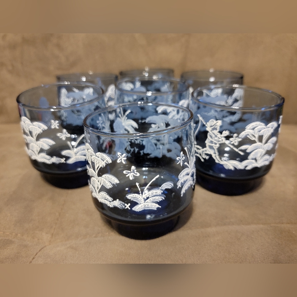 Vintage Set of 7 Libby Mary Gregory Smoke Blue Lowball Glasses Children